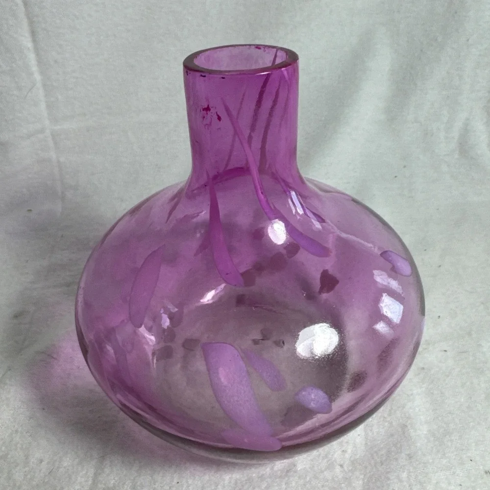 Glass‎ Pink Splatter Onion Shaped Vase Mid Century Modern Hand Blown Art 6